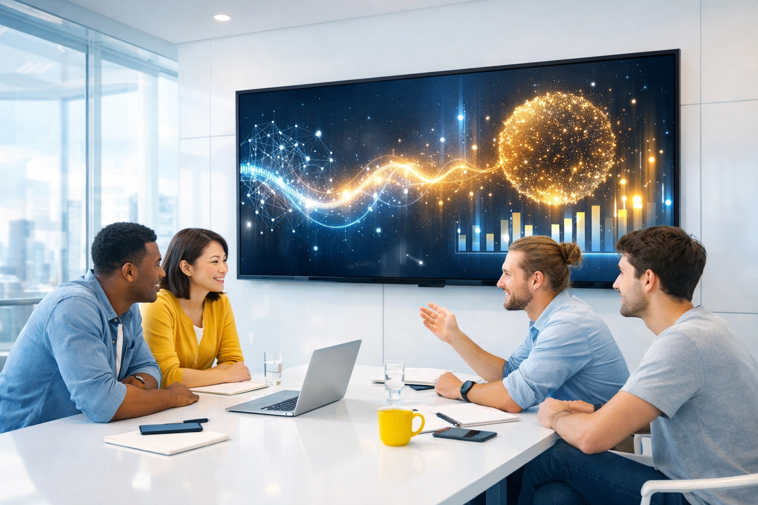 Nonprofit team using AI data visualization to collaborate on major donor prospecting strategies.