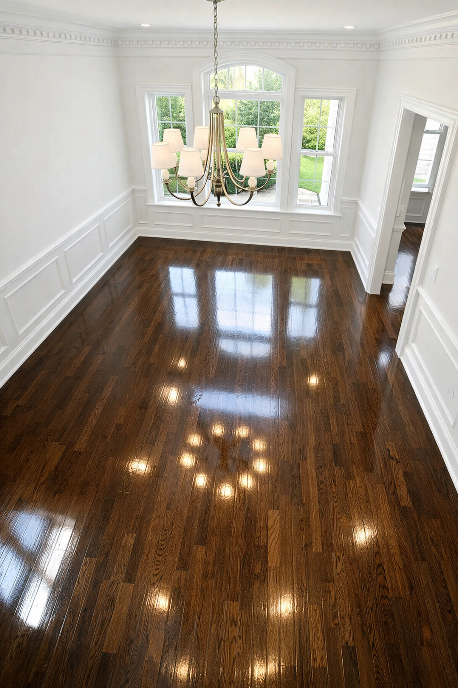 Shiny hardwood floors in an empty Bolton home after a reliable move-in or move-out cleaning service.