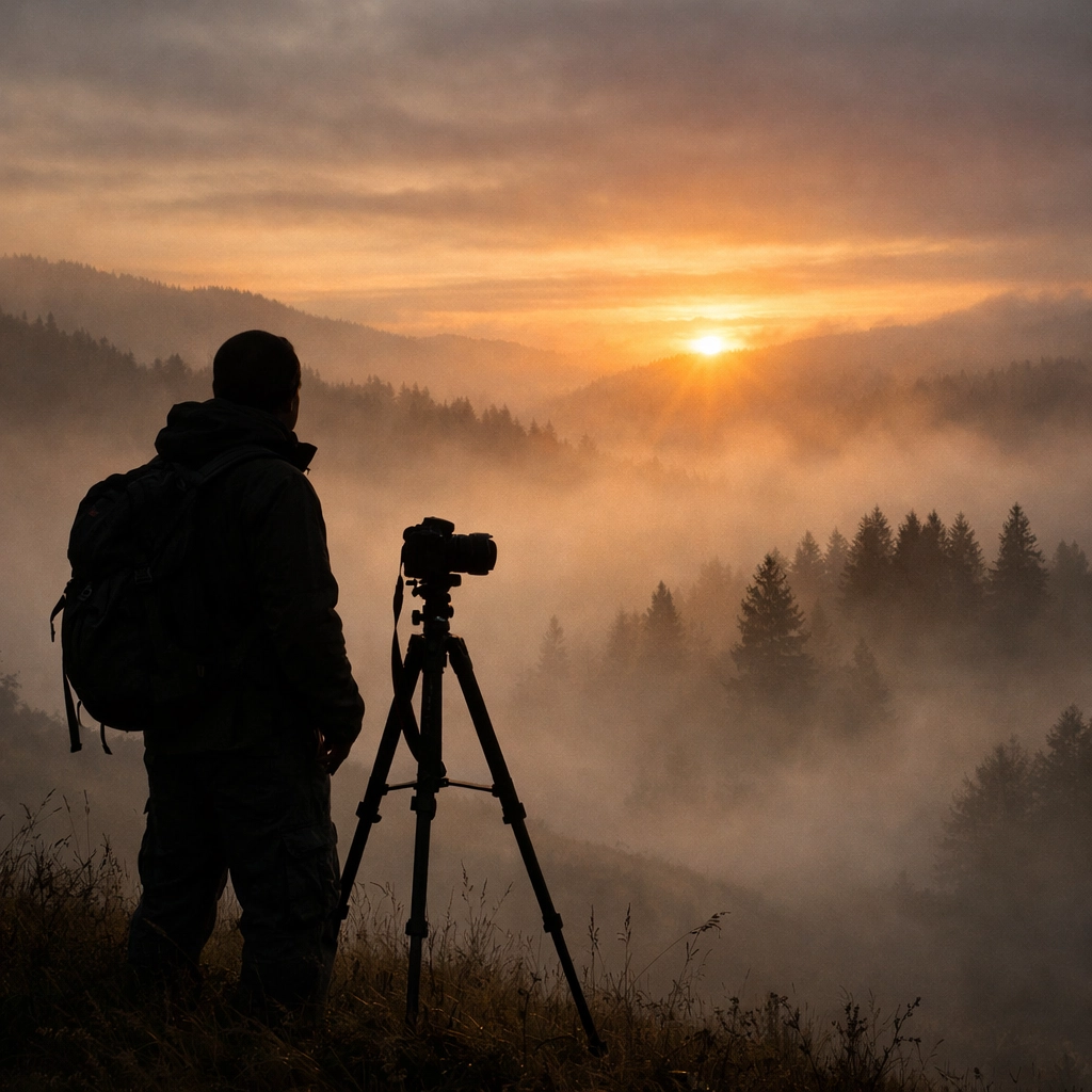 Silhouette of a photographer in morning mist, capturing authentic local photo spots during the early sunrise.