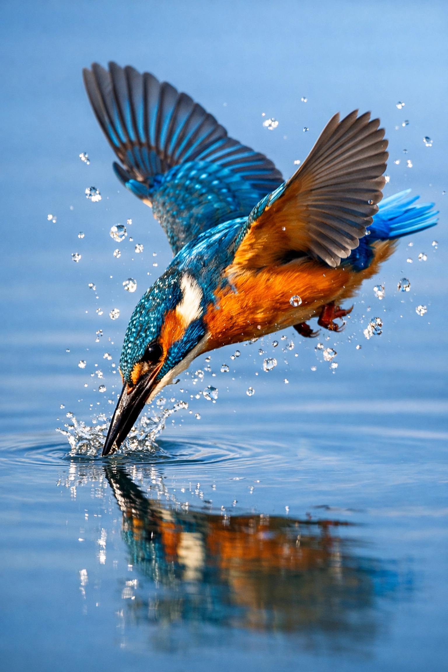 Action photograph of a kingfisher bird catching water for engaging social media and ESG reports.