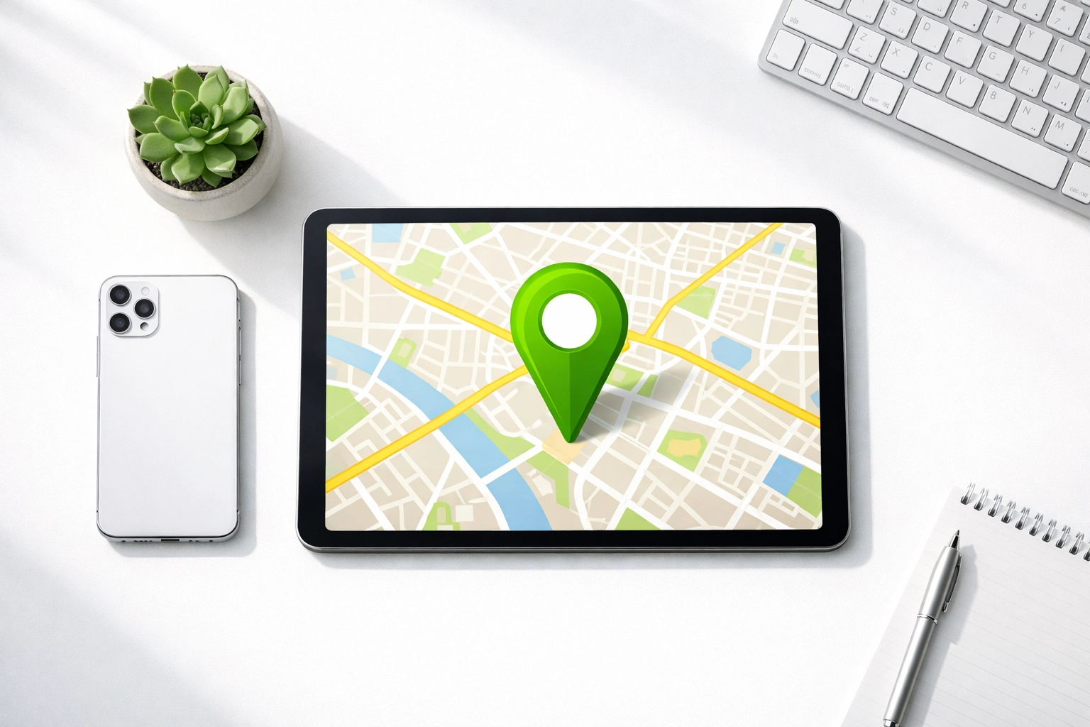 Digital tablet displaying a local map with a location marker for contractor search visibility.