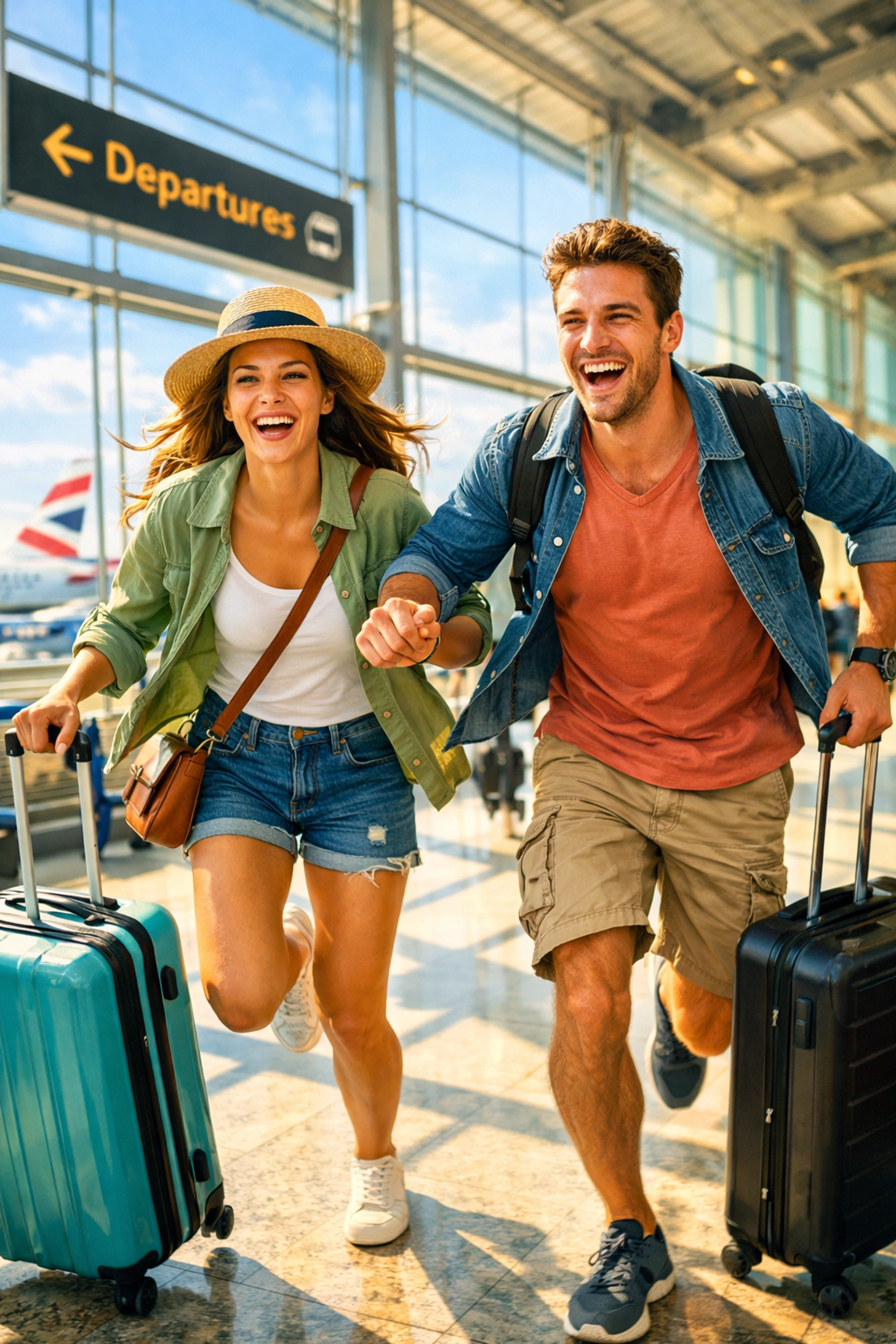 Couple excited about last-minute holiday deal departing from UK airport terminal