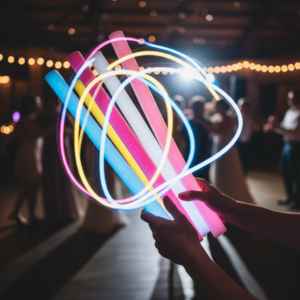 Hands holding colorful glow sticks with neon loops, creating a vibrant effect. Blurred dance floor background with string lights.