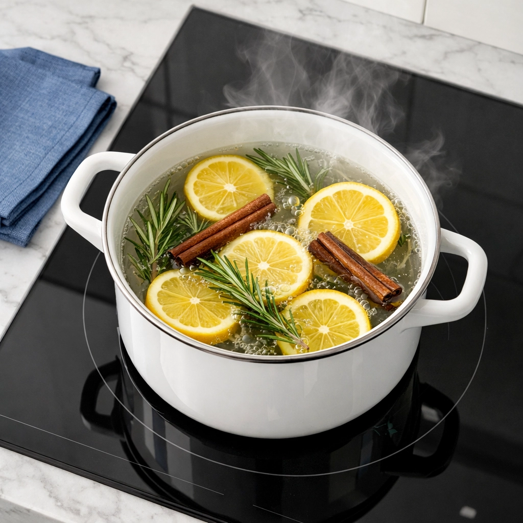 Natural stove-top simmer pot with lemon slices and rosemary to create a fresh home scent.