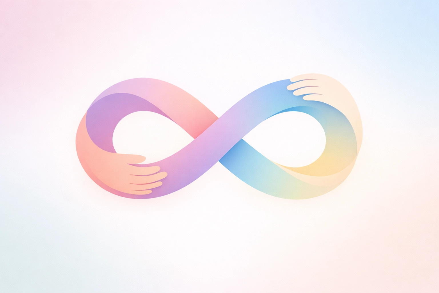 A gentle infinity-loop embrace symbol in soft pastel gradients, representing compassionate autism coaching and belonging.