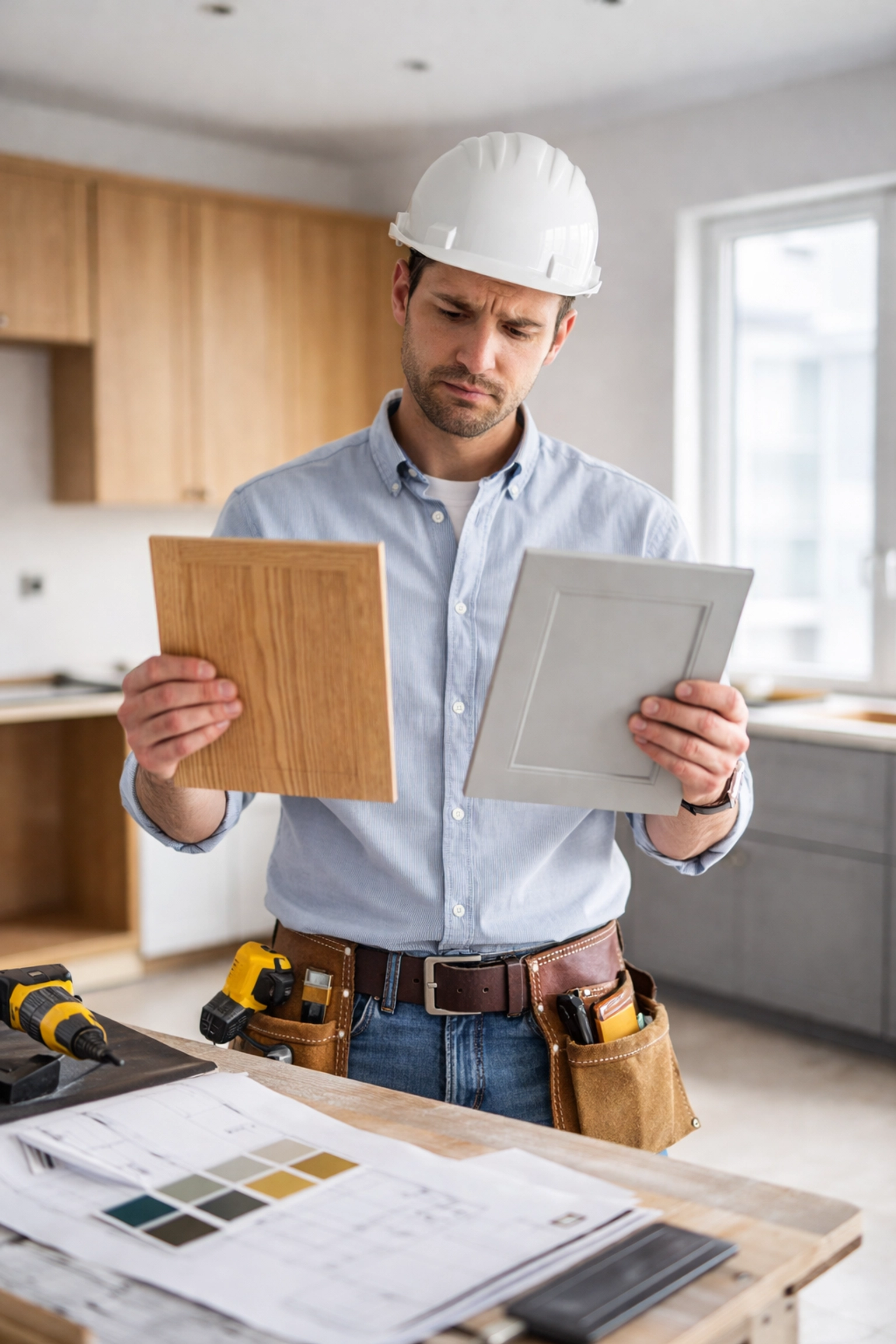 Project manager compares mismatched multi-family cabinet doors, highlighting issues with separate suppliers.