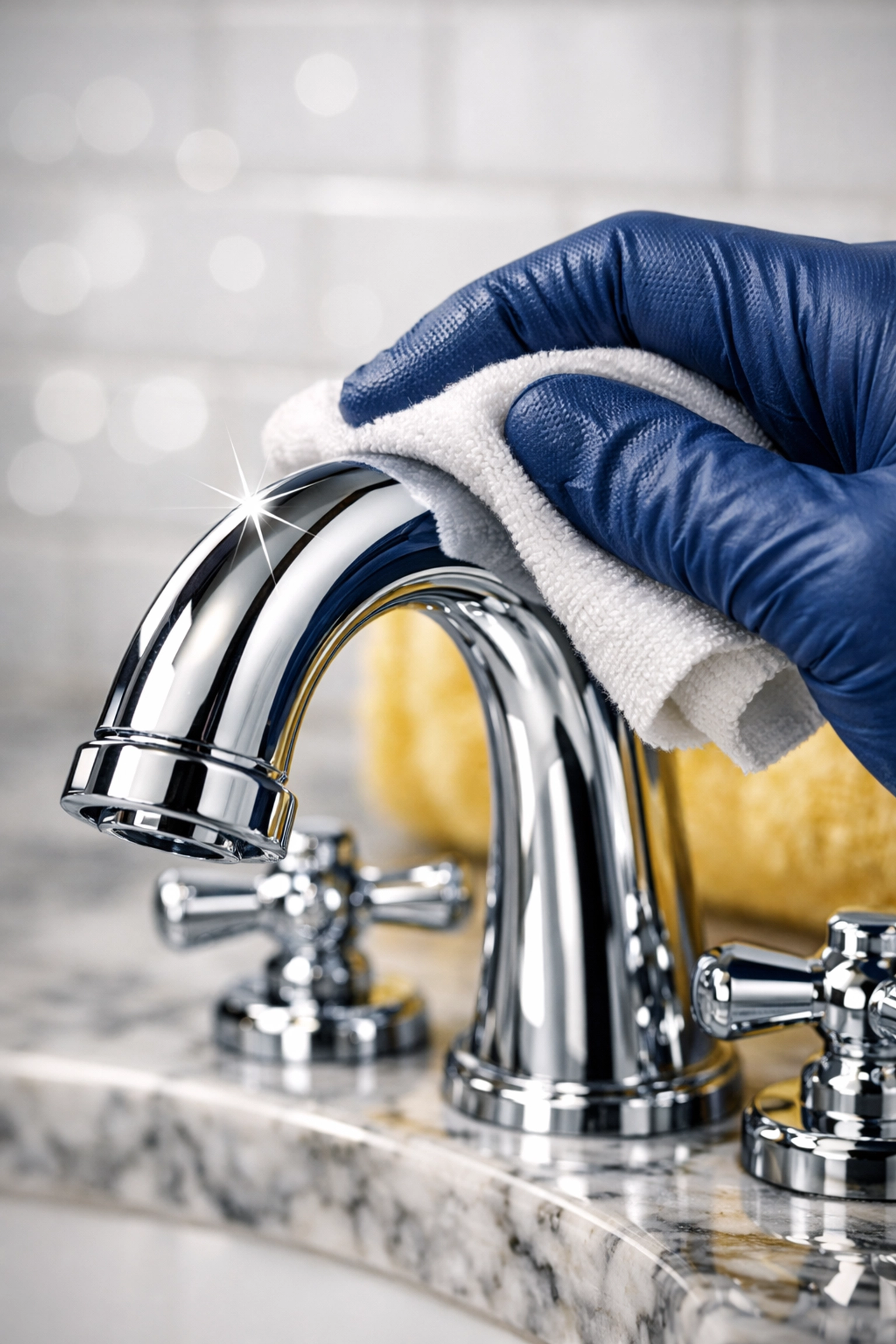 Detail-oriented residential cleaning Massachusetts showing a polished chrome faucet in a luxury Dover marble bathroom.