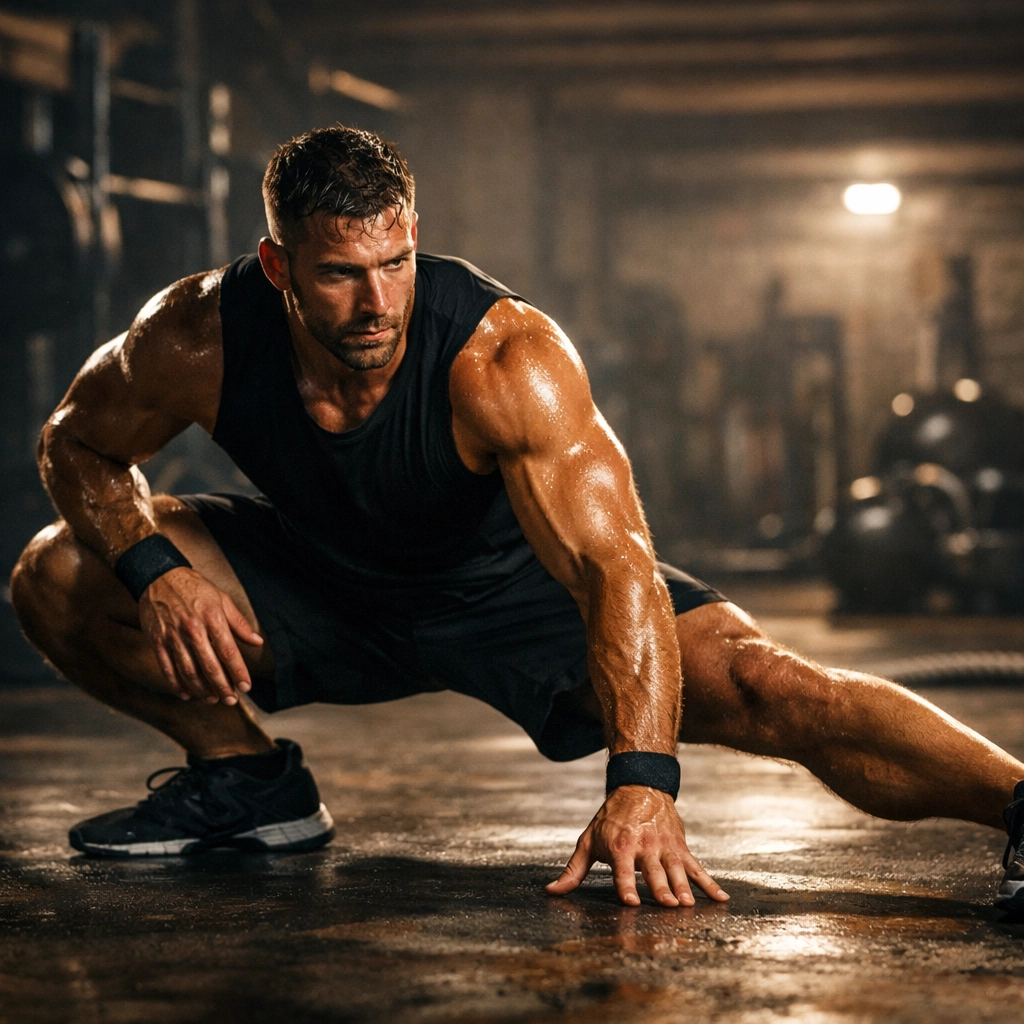 Athlete performing a dynamic warm-up lateral lunge in a home resistance training gym.