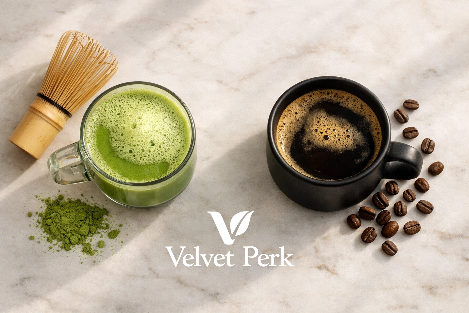 Matcha vs. Coffee: Which Is Better for Your Morning Ritual? Matcha latte and coffee side by side comparison on marble countertop with bamboo whisk and coffee beans