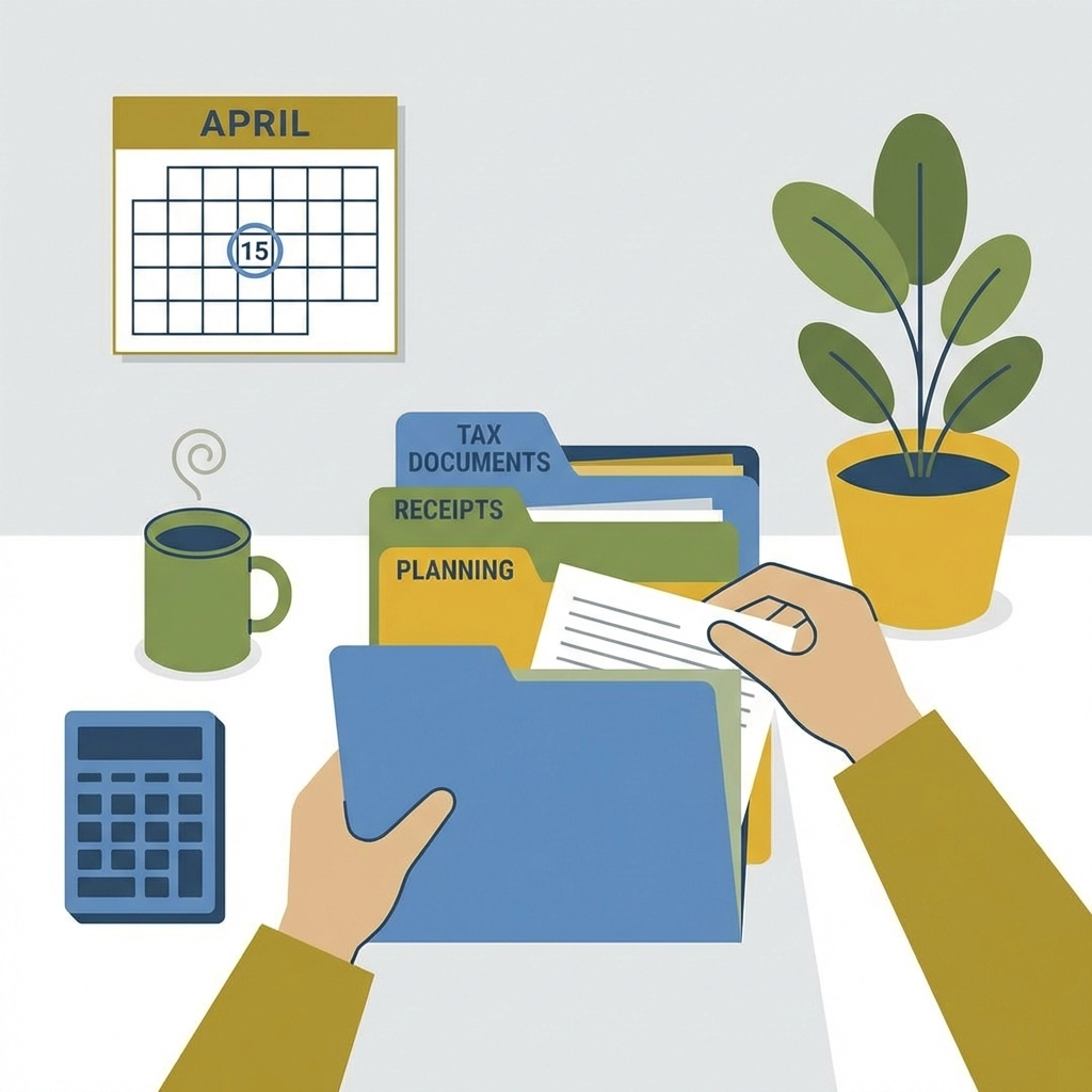 Hands organizing tax documents on a desk with an April calendar, emphasizing New Haven tax preparation.