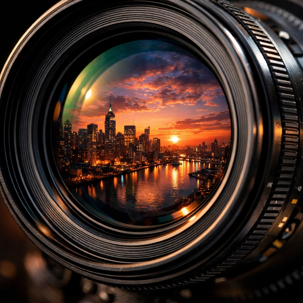 Macro of a professional camera lens reflecting a sunset, showcasing high-resolution image quality.