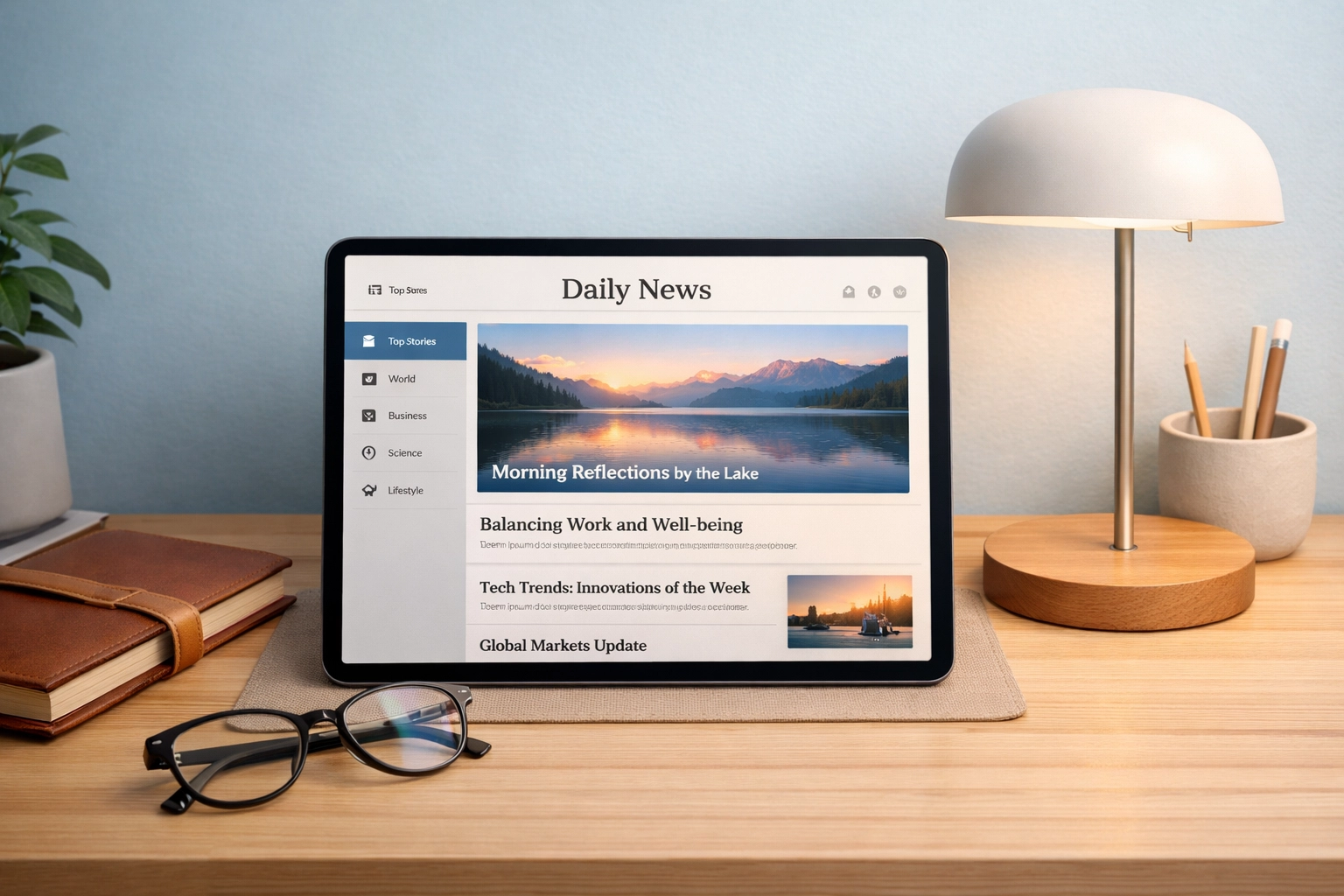 Organized workspace with tablet displaying curated news sources and journal