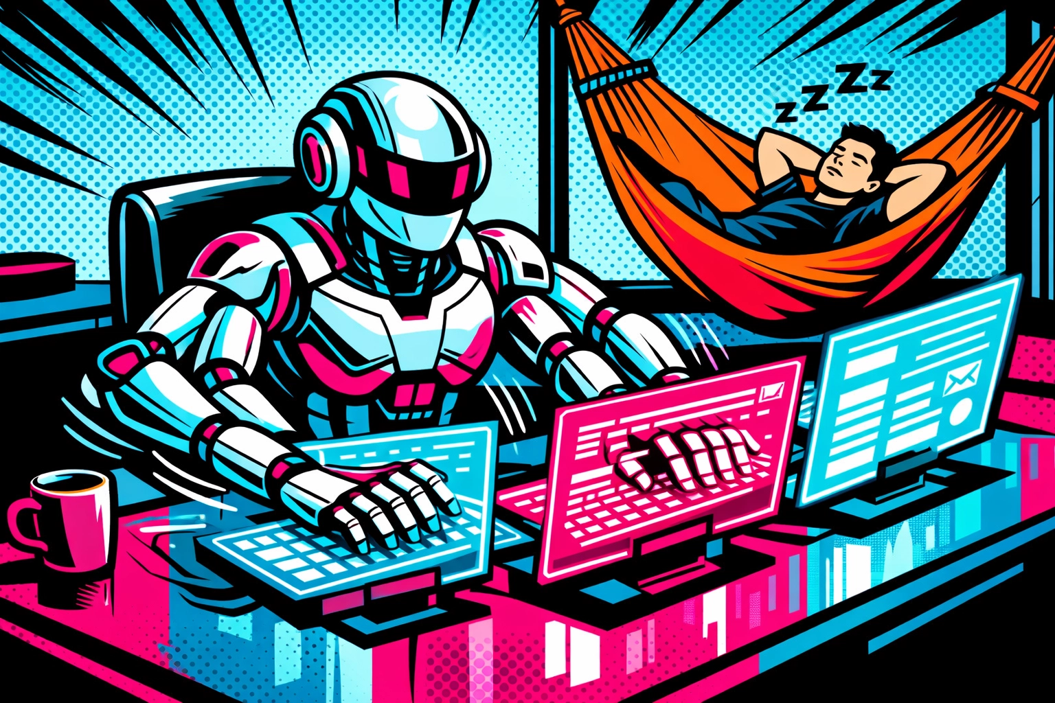 AI virtual assistant for business managing multiple digital tasks while the owner takes a break.