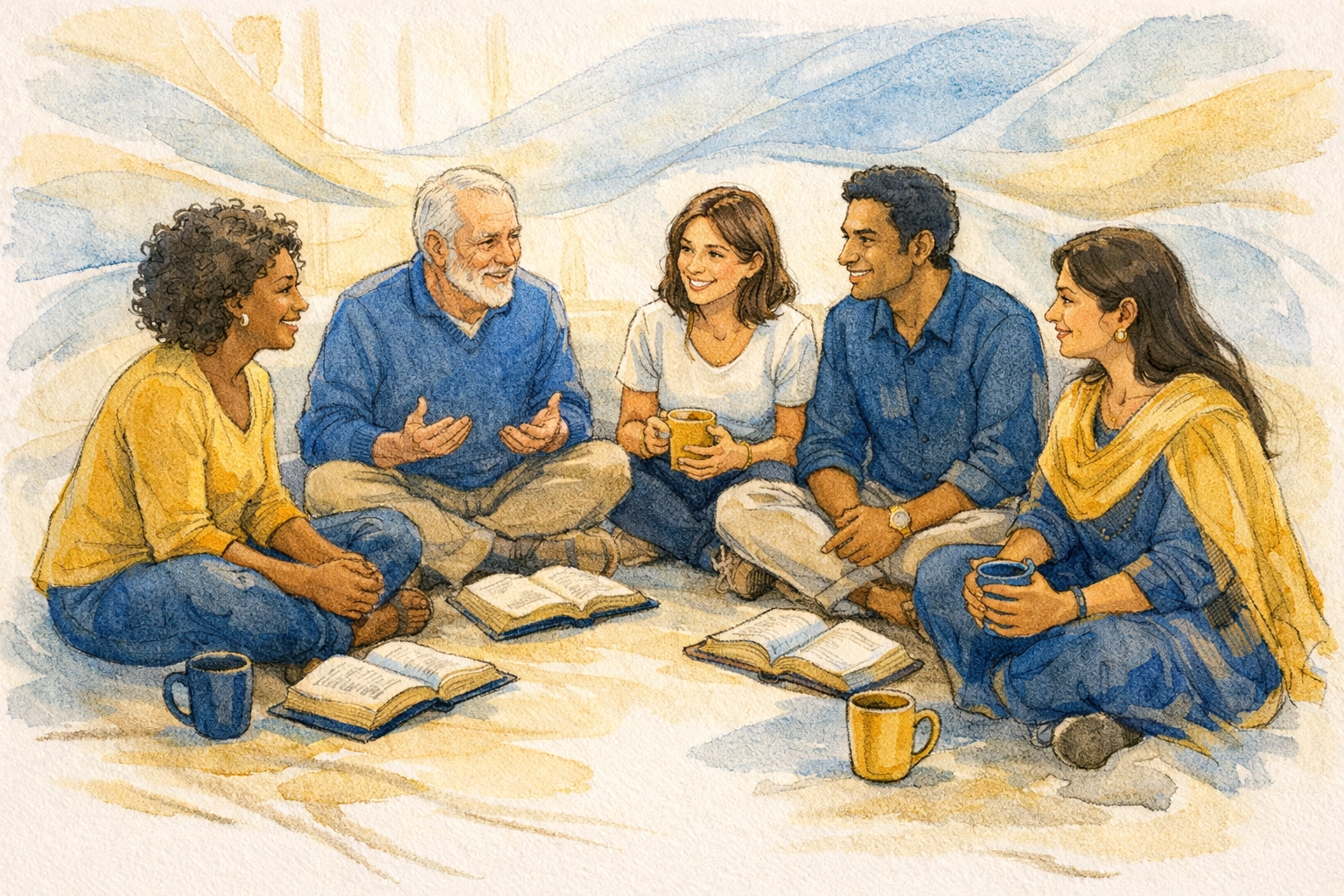 Small group fellowship with Bibles and coffee at Assembly of God Memphis gathering