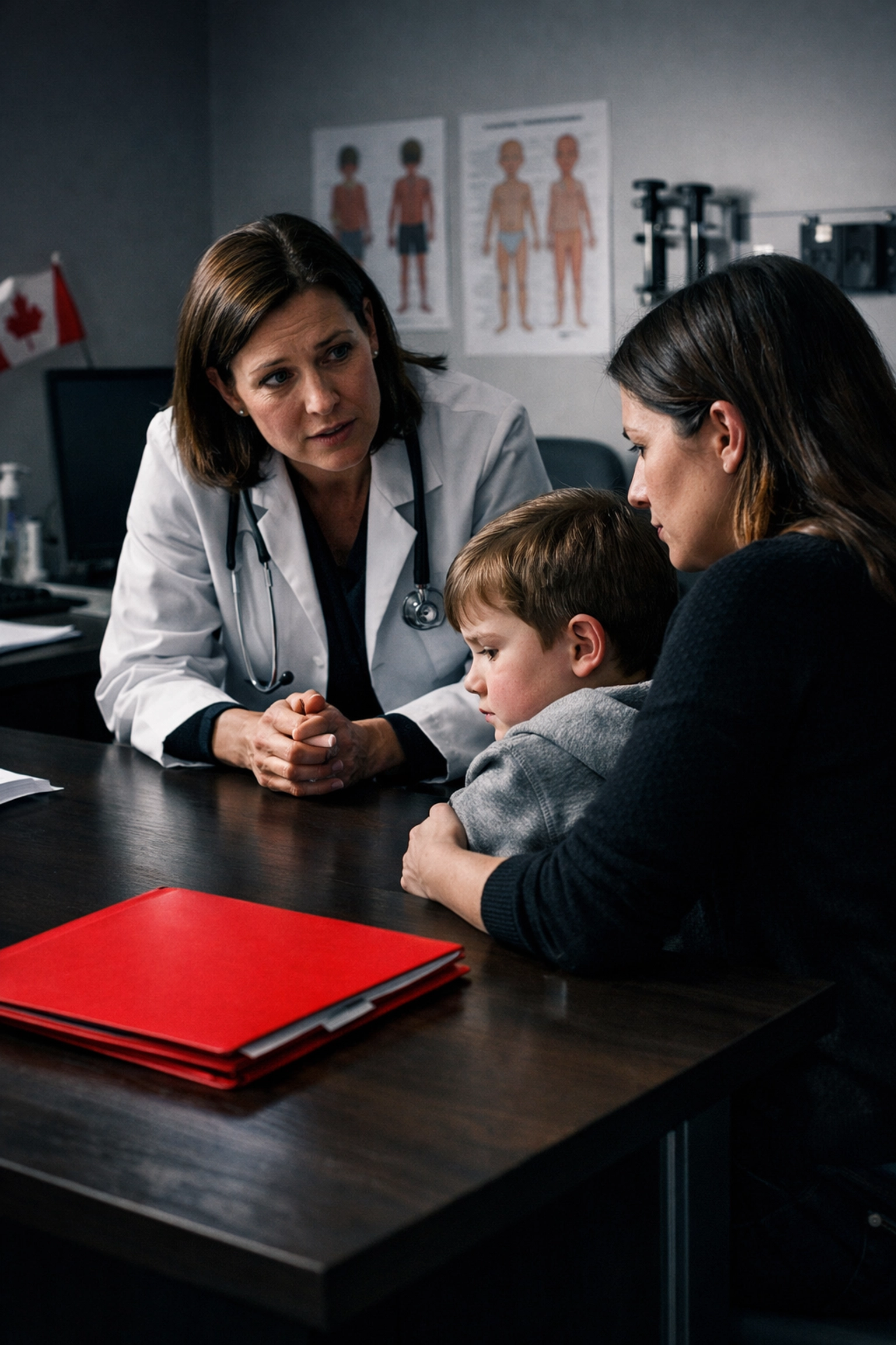 A Canadian doctor discusses life-saving treatment options with a mother and child in a modern pediatric clinic.