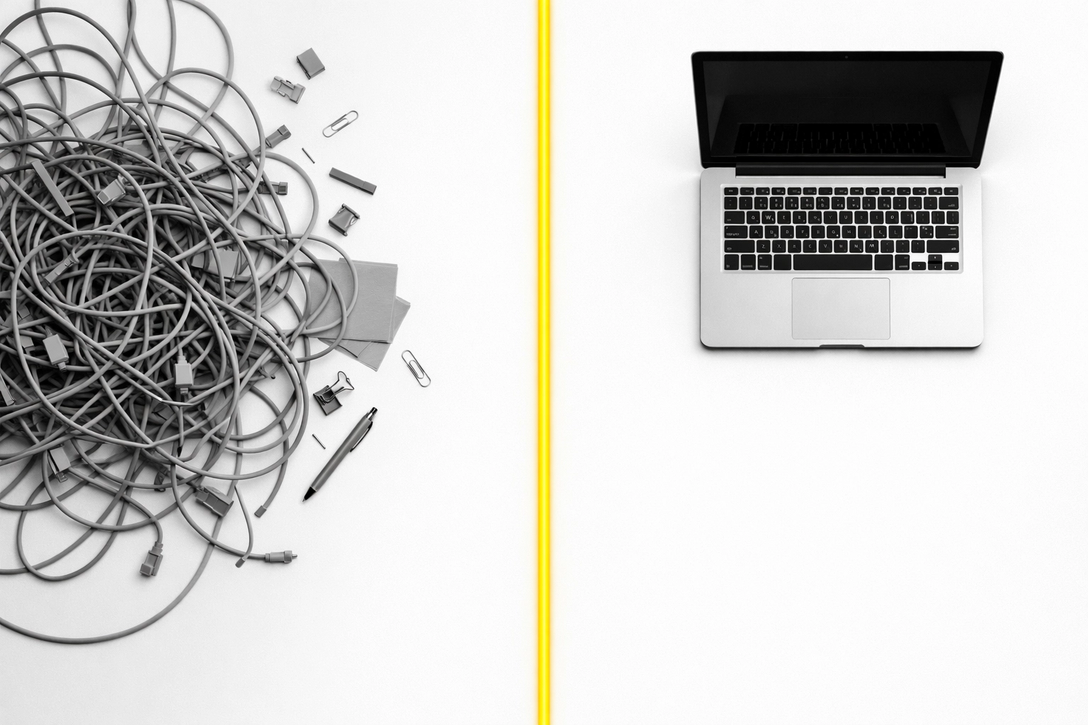 Yellow cable streamlining a cluttered workspace, representing an efficient all-in-one marketing agency in Bunbury.