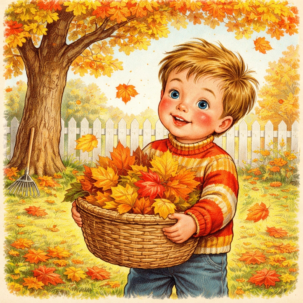 Child holding a basket of colorful autumn leaves in a backyard, perfect for a kids' leaf shape sorting activity