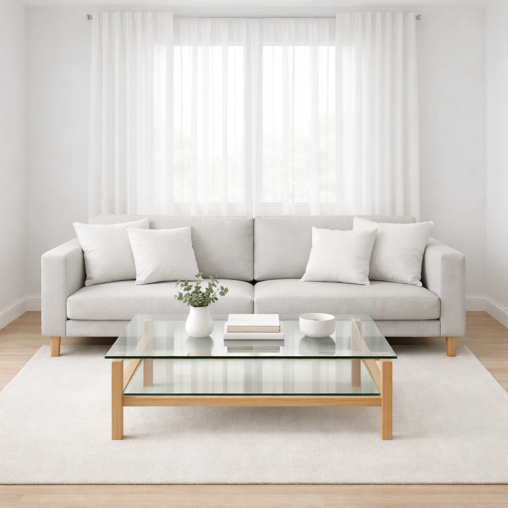 Clean and organized Airbnb living room with aligned furniture and minimal decor