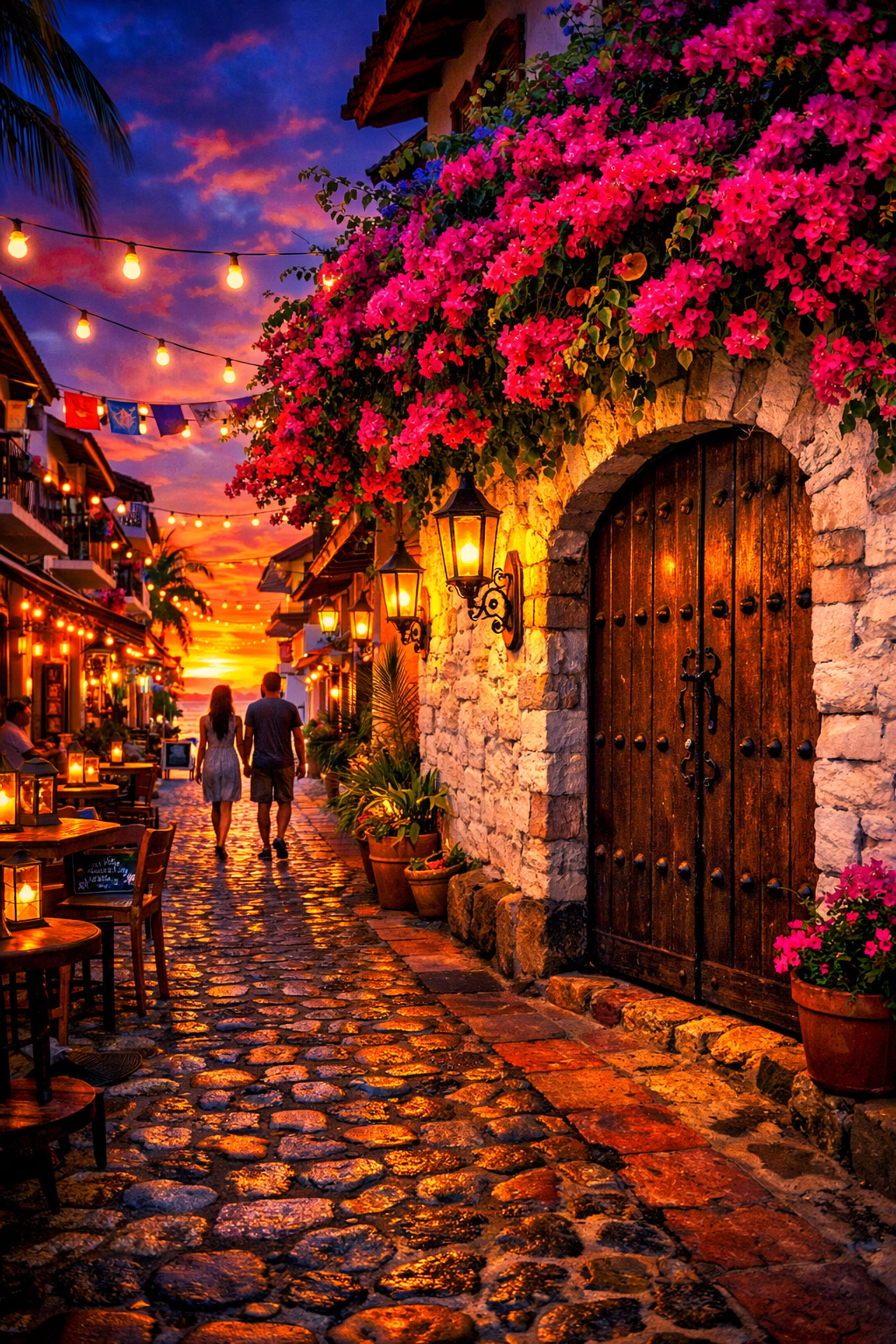 A couple walking at sunset near puerto vallarta rentals by owner in the charming Zona Romantica.