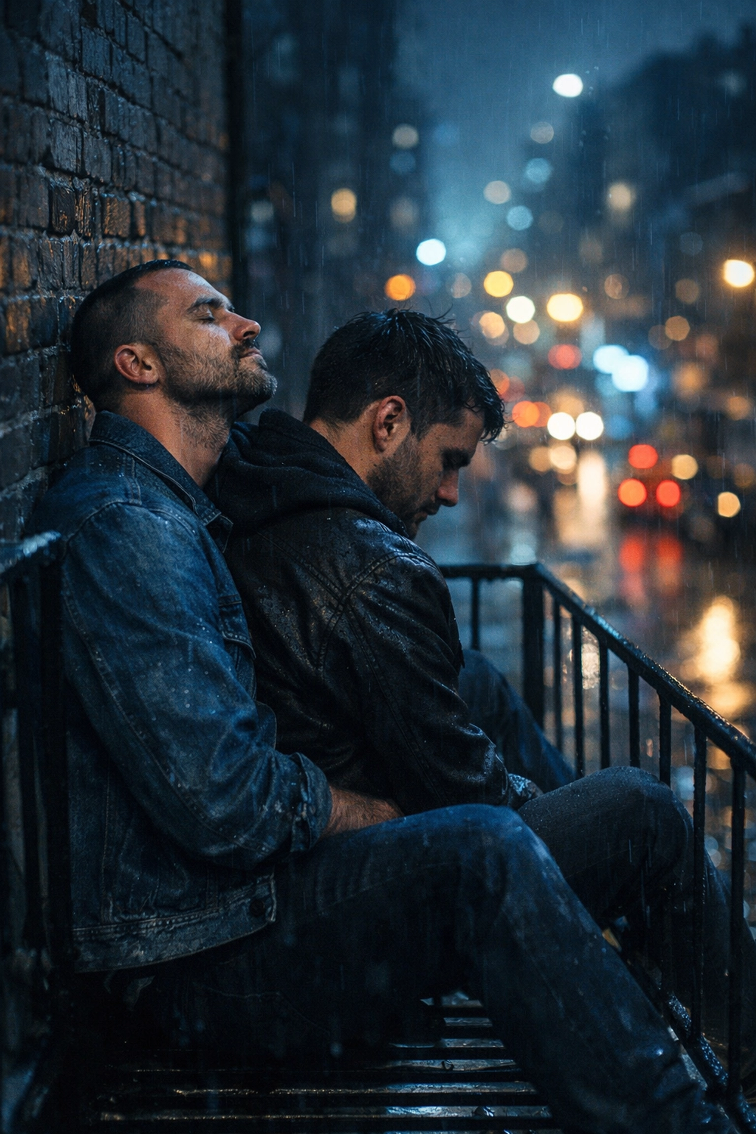 Two men sharing a quiet moment on a rainy fire escape, representing human connection in gritty queer fiction.
