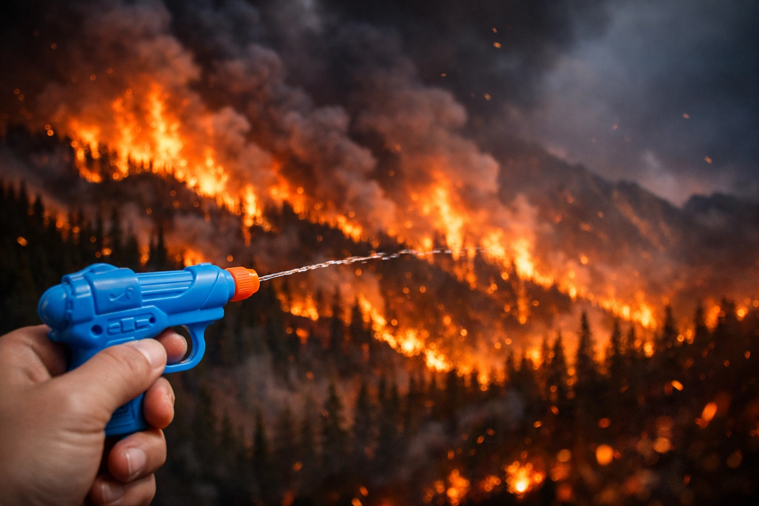 Water pistol vs forest fire illustrating symbolic OPEC oil production hike during global supply crisis.