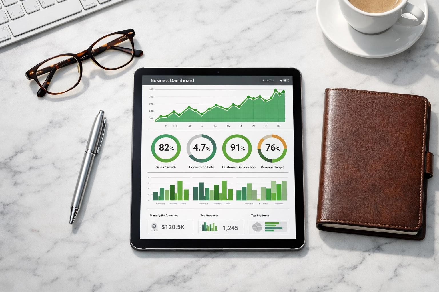 Tablet displaying ServiceNow ROI metrics and platform health KPIs for operational excellence.