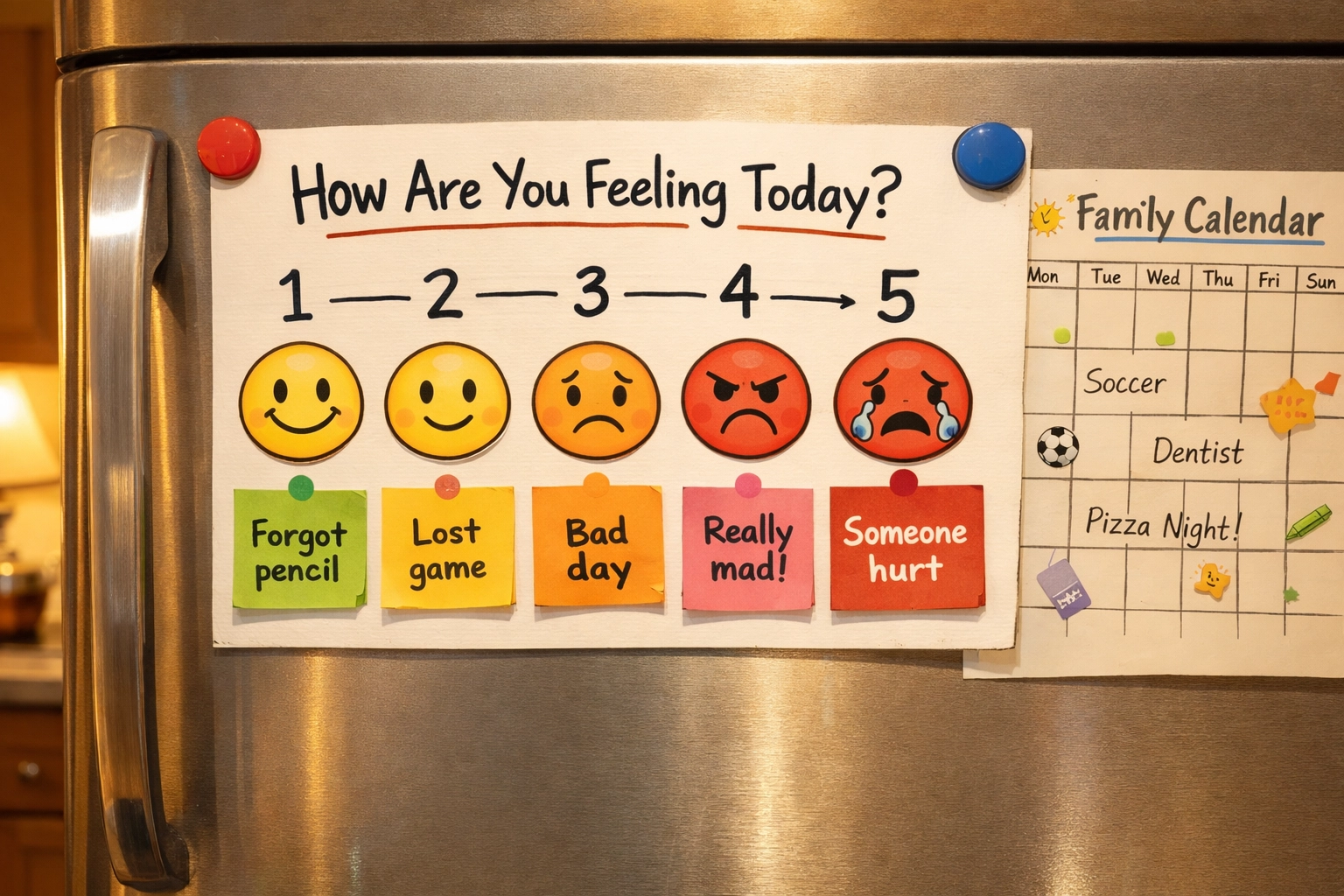 Big deal little deal scale on refrigerator showing emotion levels 1-5 for kids