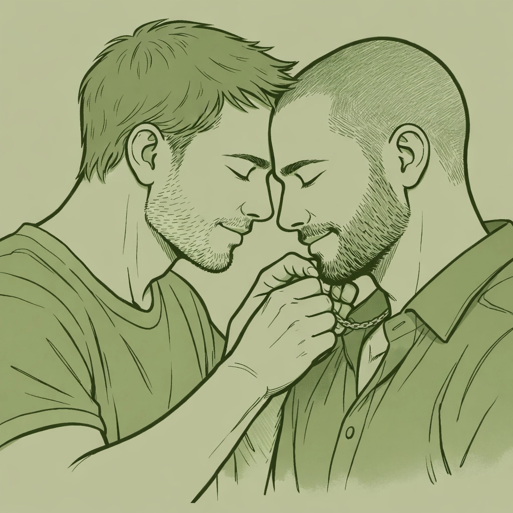 An intimate moment of affirmation between two men, reflecting the emotional depth of contemporary gay love stories.