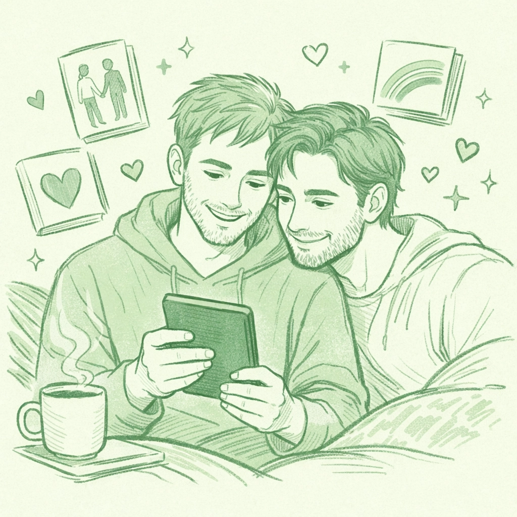 Two readers discovering MM fiction and gay romance books together on ReadWithPride