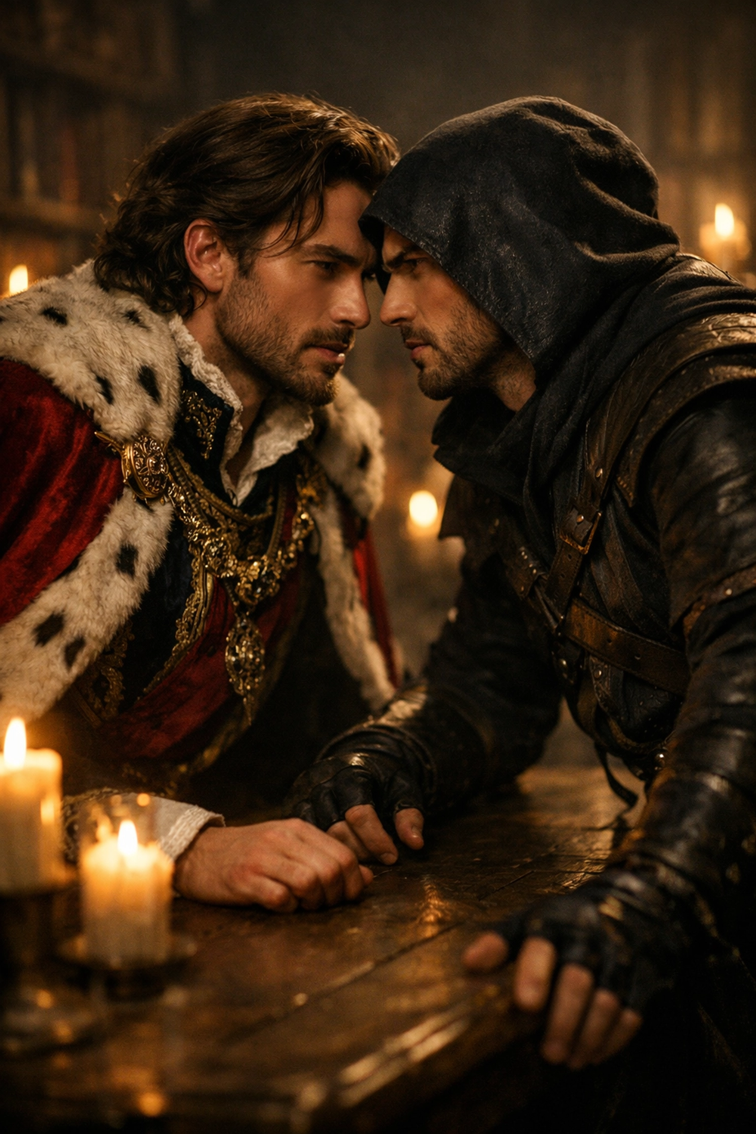 Two men in a library capturing the high-tension enemies to lovers trope common in gay romance novels.