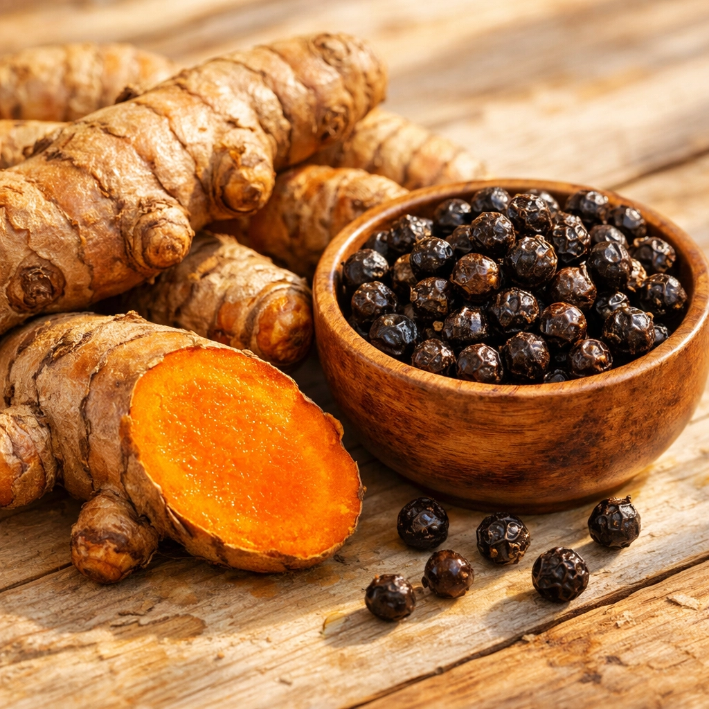 Fresh turmeric roots and Tellicherry peppercorns on a rustic table for immunity boosting.
