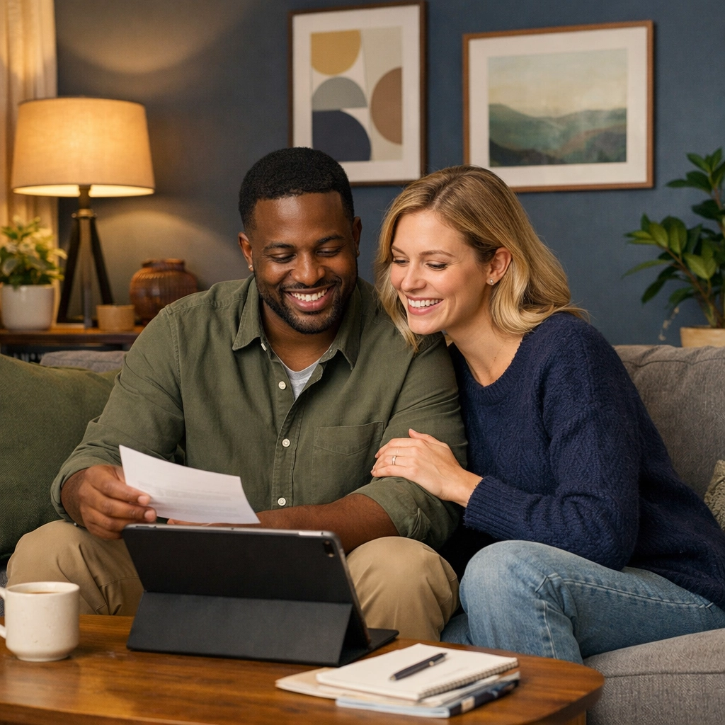 A couple reviewing their finances together during a weekly money date for self-employed families.
