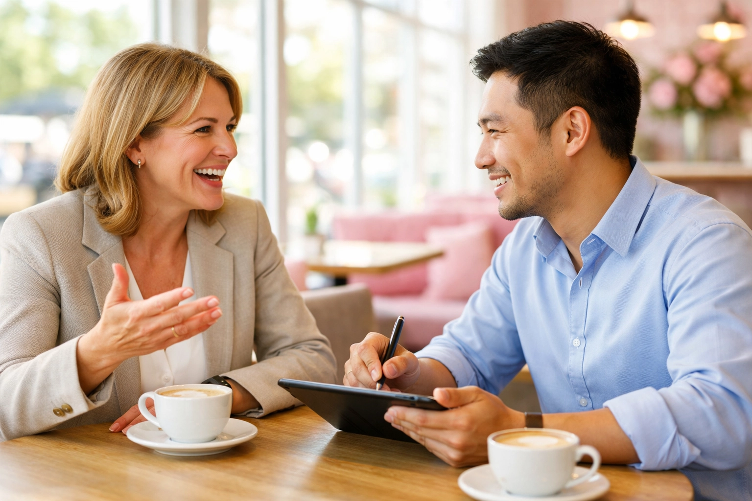 Two business professionals building client relationships over coffee meeting