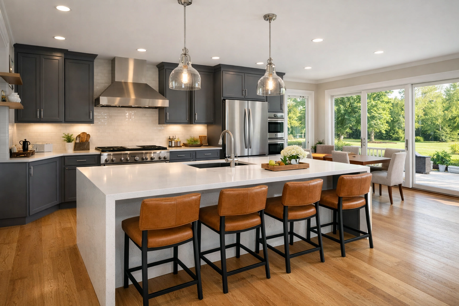 Modern open-concept Columbus kitchen renovation with a white quartz island and grey cabinetry.