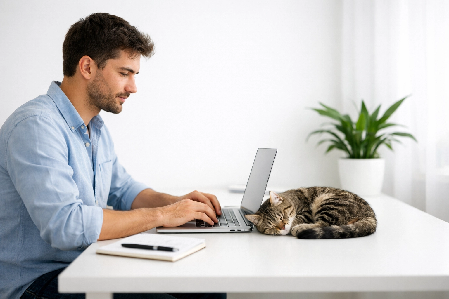 An employee working at a desk with a cat, showing the value of pet-friendly workplace benefits.