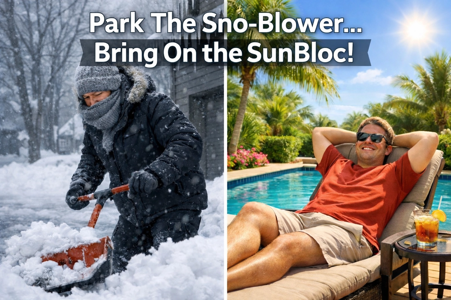 Comparison of New York winter snow shoveling vs Florida poolside relaxation lifestyle