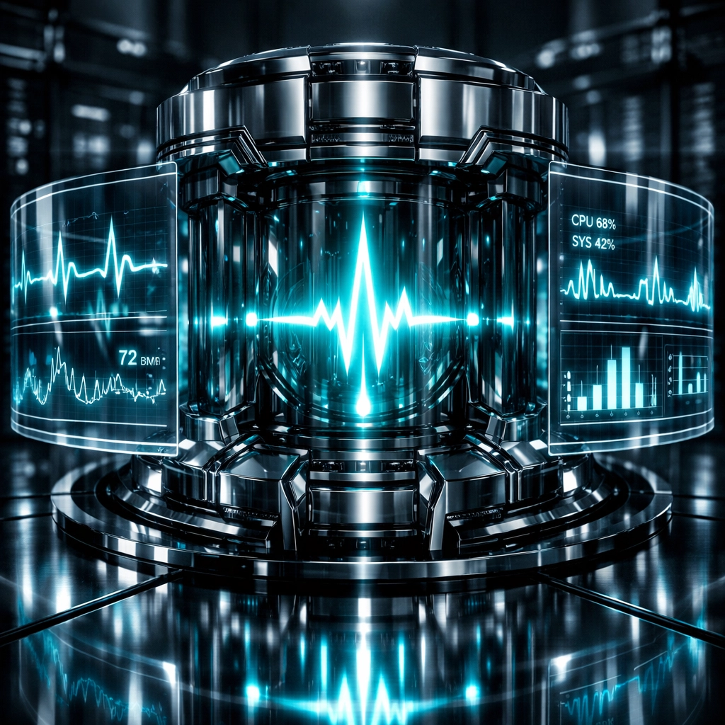 Digital server core with glowing performance metrics for WordPress site maintenance and uptime monitoring.