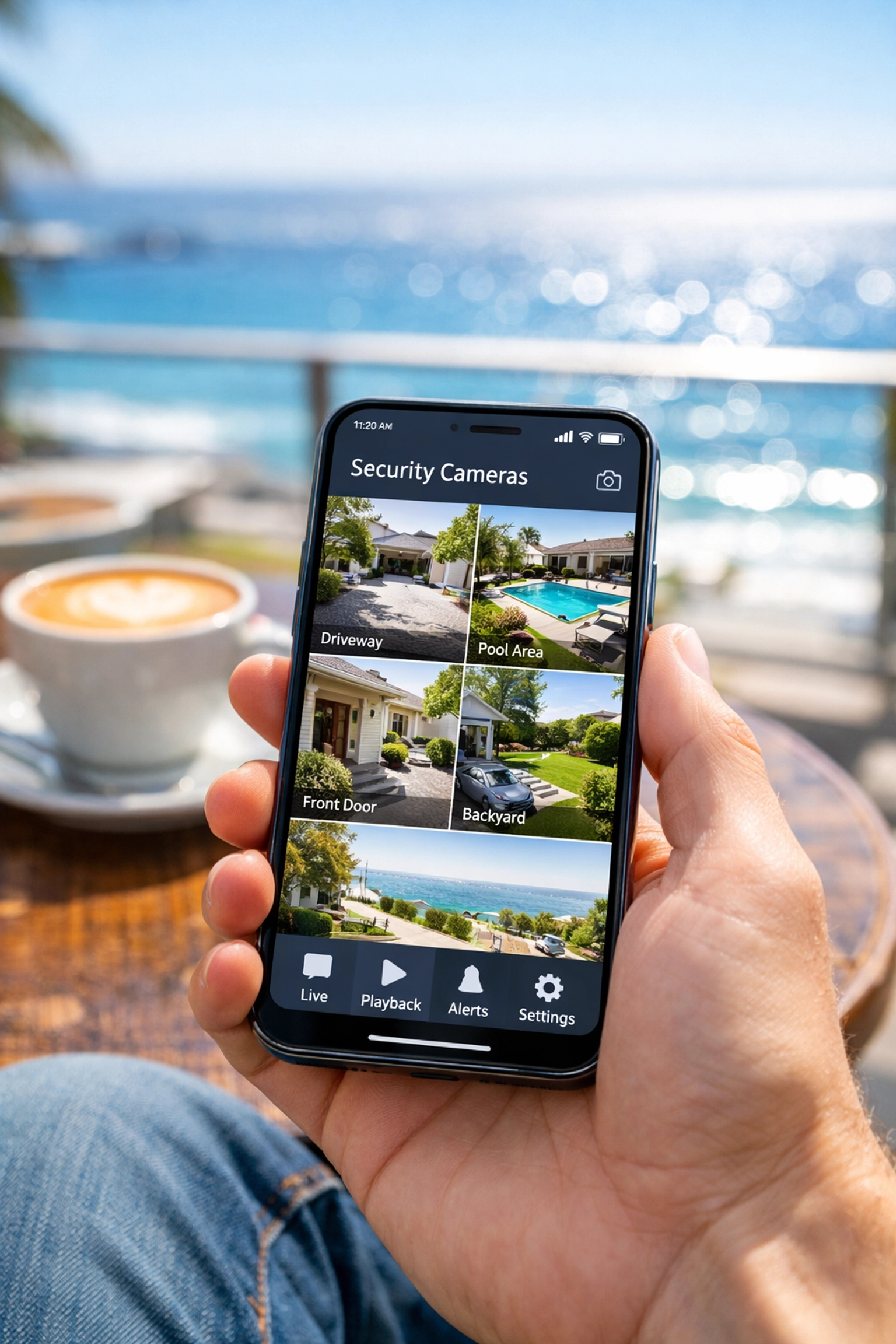Remote home security monitoring via smartphone app showing clear CCTV footage from a Cape Town residence.