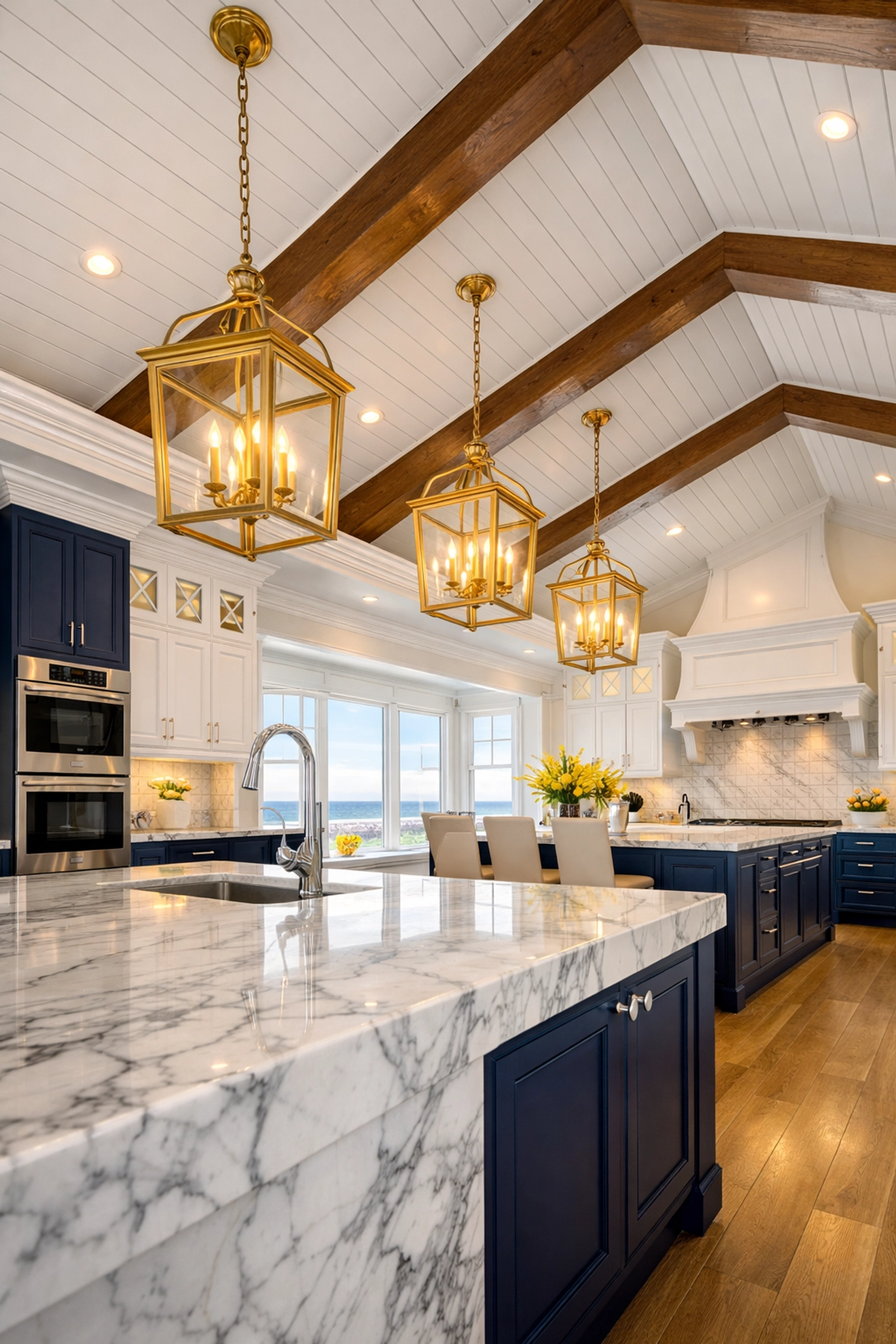 Professional Duxbury Estate Maintenance ensures a spotless luxury coastal kitchen with white marble islands.