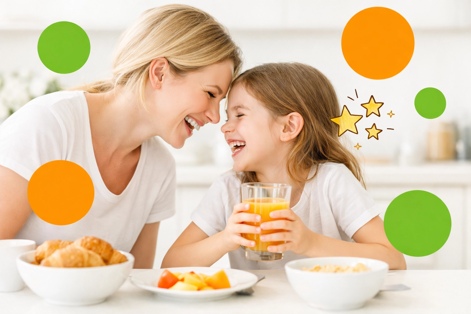 Mother and young daughter sharing a joyful breakfast moment, highlighting daily emotional check-ins.