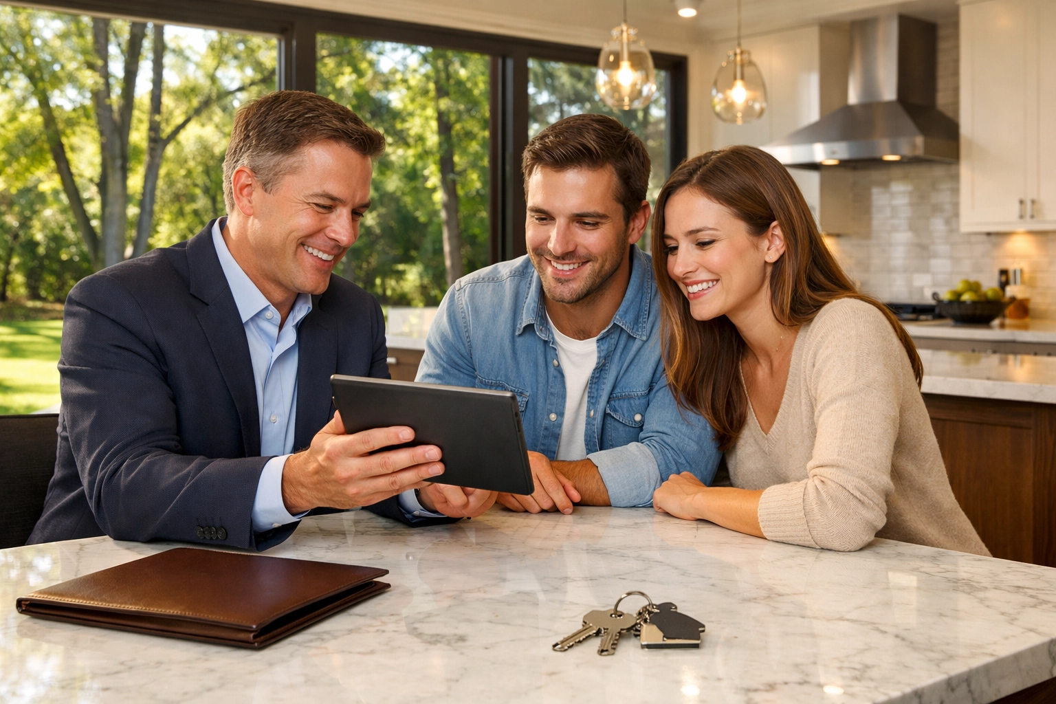 Russian speaking realtor Toronto providing expert buying guidance to a couple in a modern Richmond Hill home.