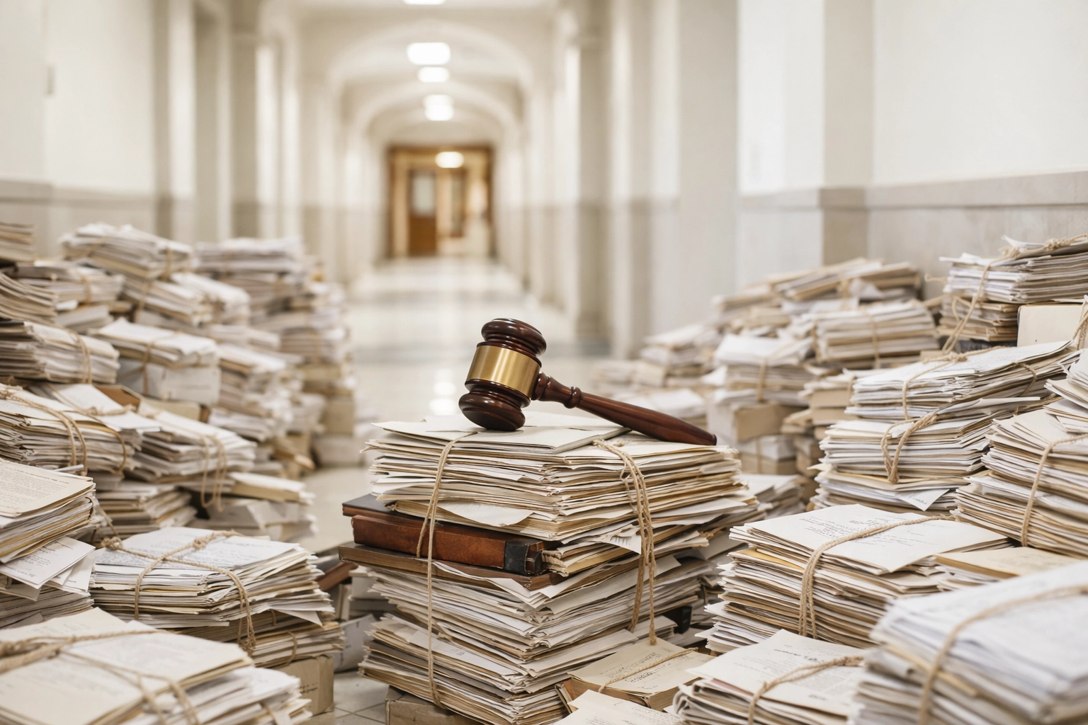 Gavel resting on piles of legal documents in a dark hallway, representing court delays and capacity issues in Canada.