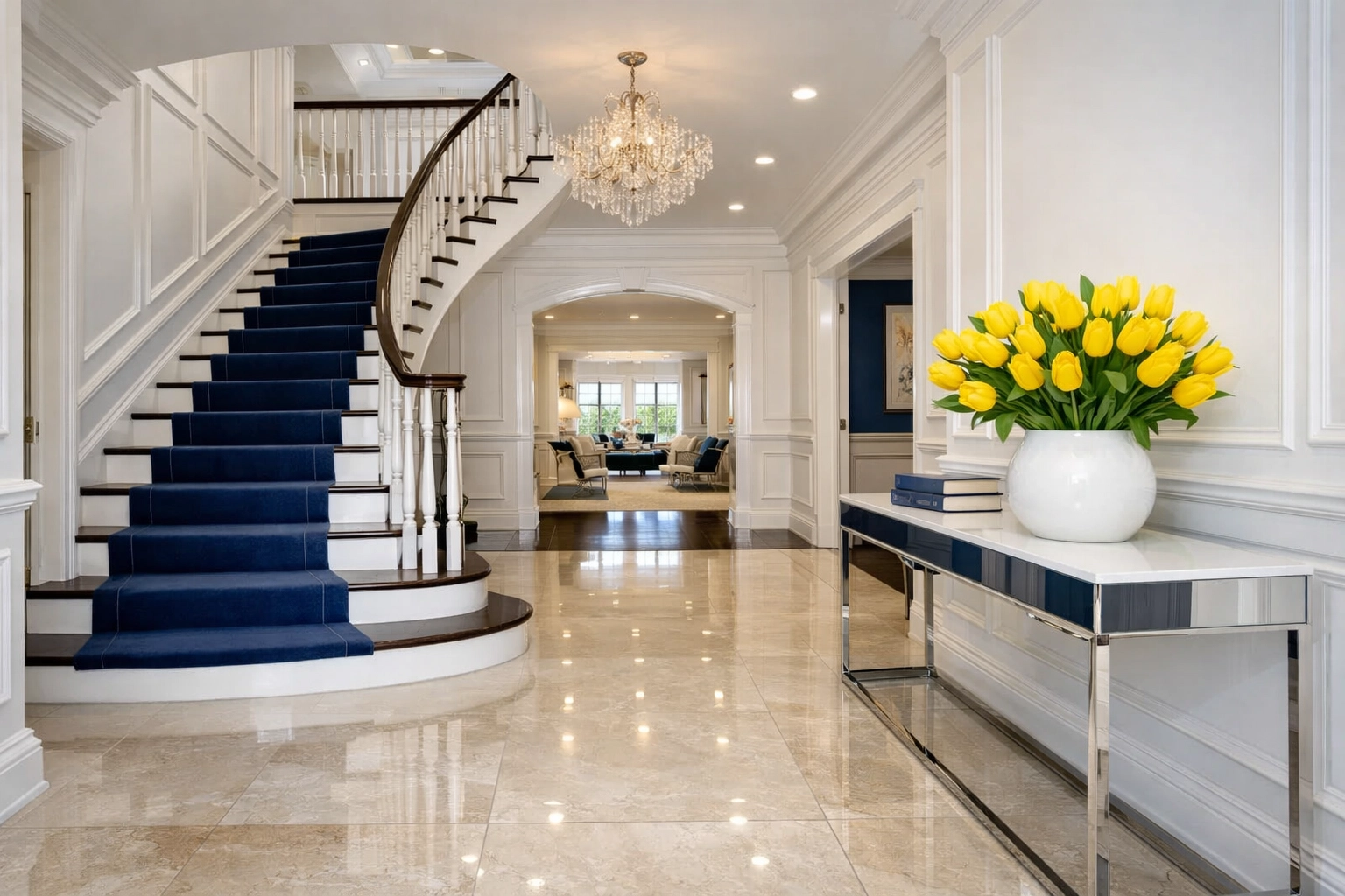 Spotless grand foyer in a MetroWest home, highlighting the excellence of weekly house cleaning in Westford.