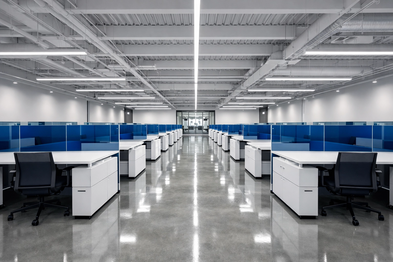 Open-plan office space with polished floors following professional commercial cleaning in Marblehead.