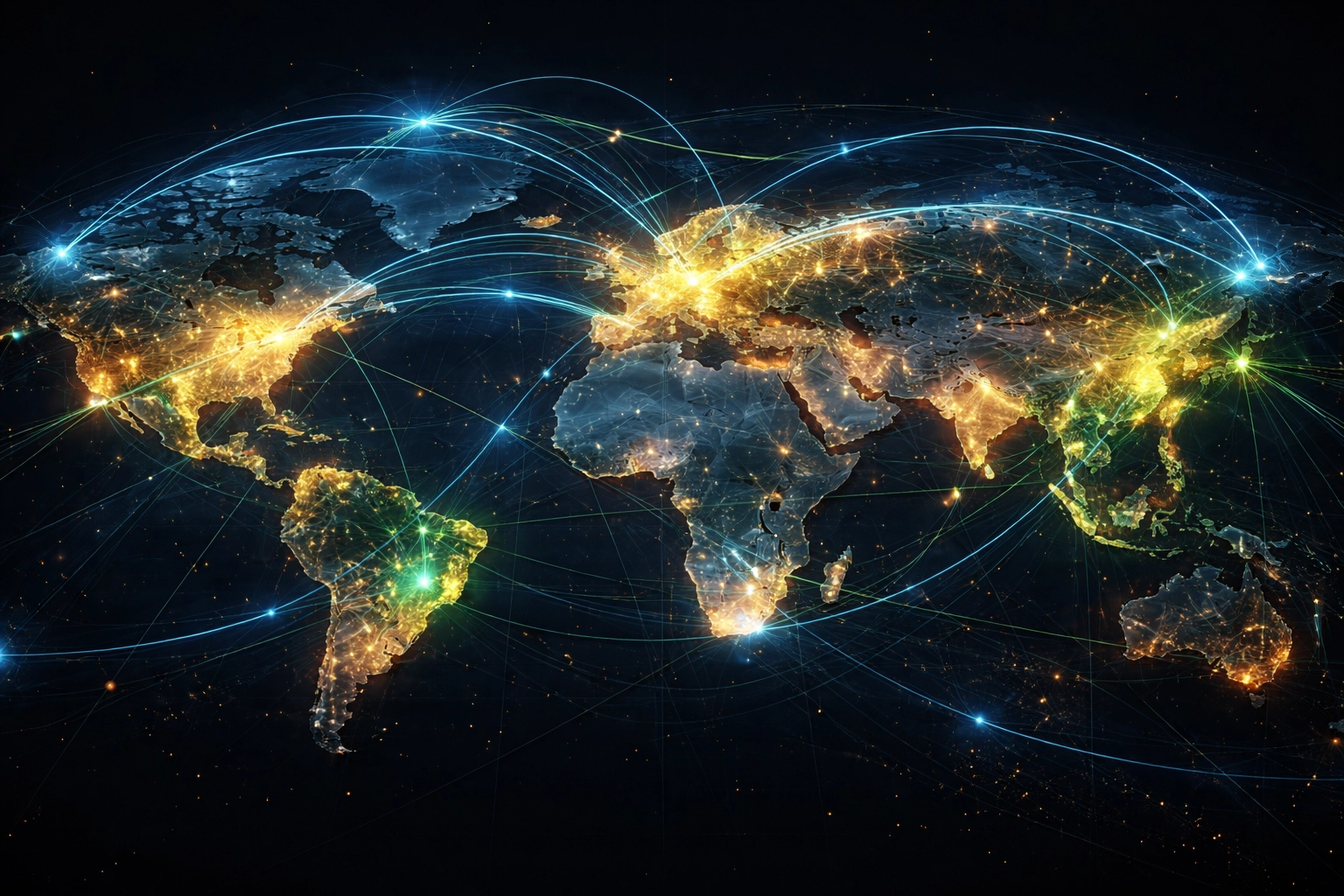 Aerial world map view with financial districts and network lines illustrating global asset allocation