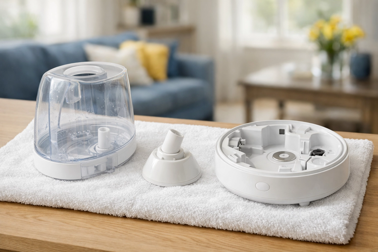 Humidifier parts drying on a towel to prevent mold growth after cleaning.