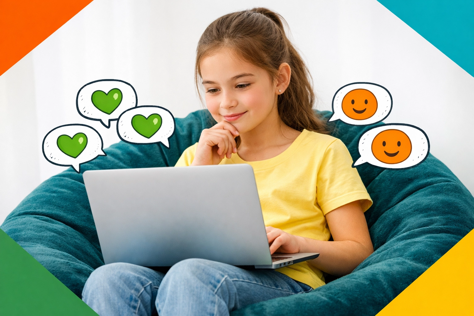 A pre-teen girl practicing digital etiquette and empathy while using a laptop responsibly.