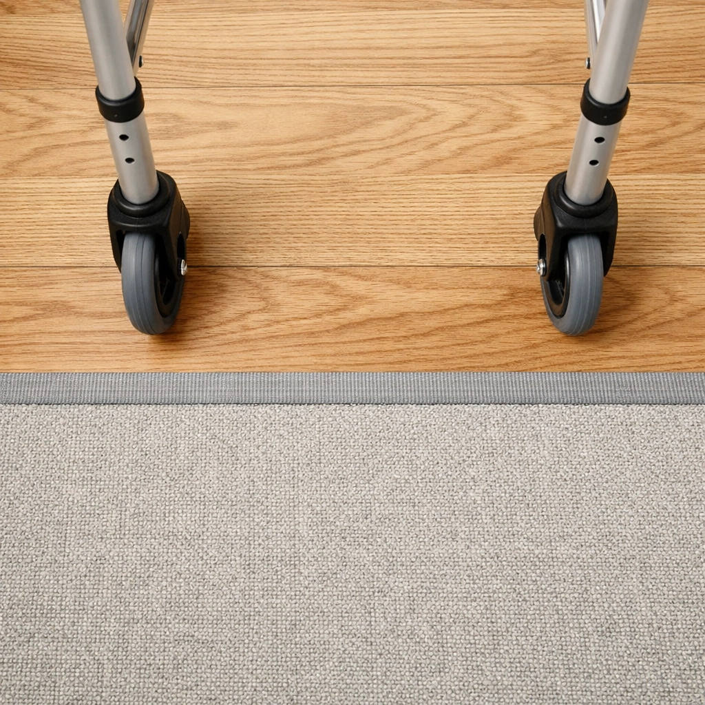 Top-down view of walker wheels approaching a flat-edged rug secured to the floor for fall prevention.