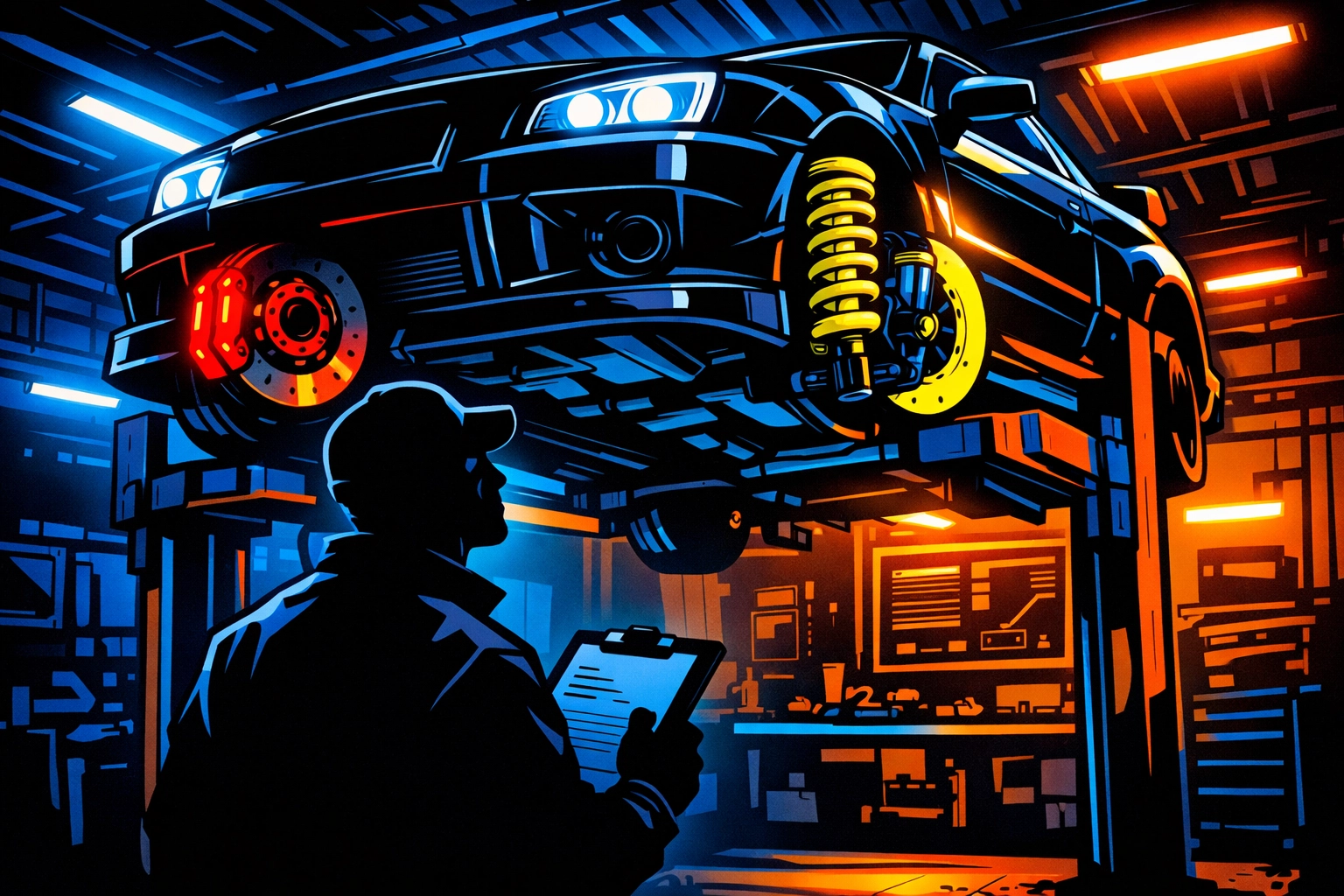 A mechanic inspecting a car's suspension and brakes during a Missouri state inspection in Arnold.