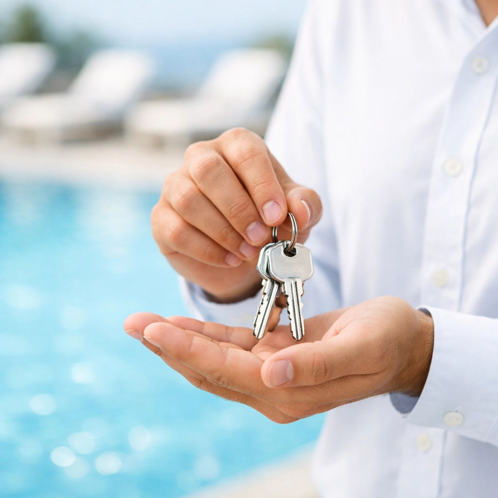 Professional business owner holding keys to a pool route after a successful business transition.